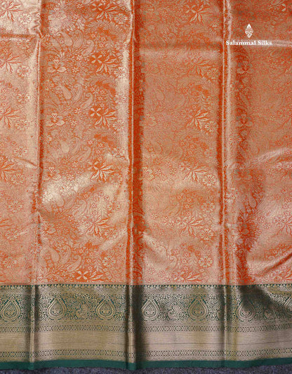 Beautiful Orange Tissue Bridal Semi Silk Saree With Contrast Bottle Green Traditional Border