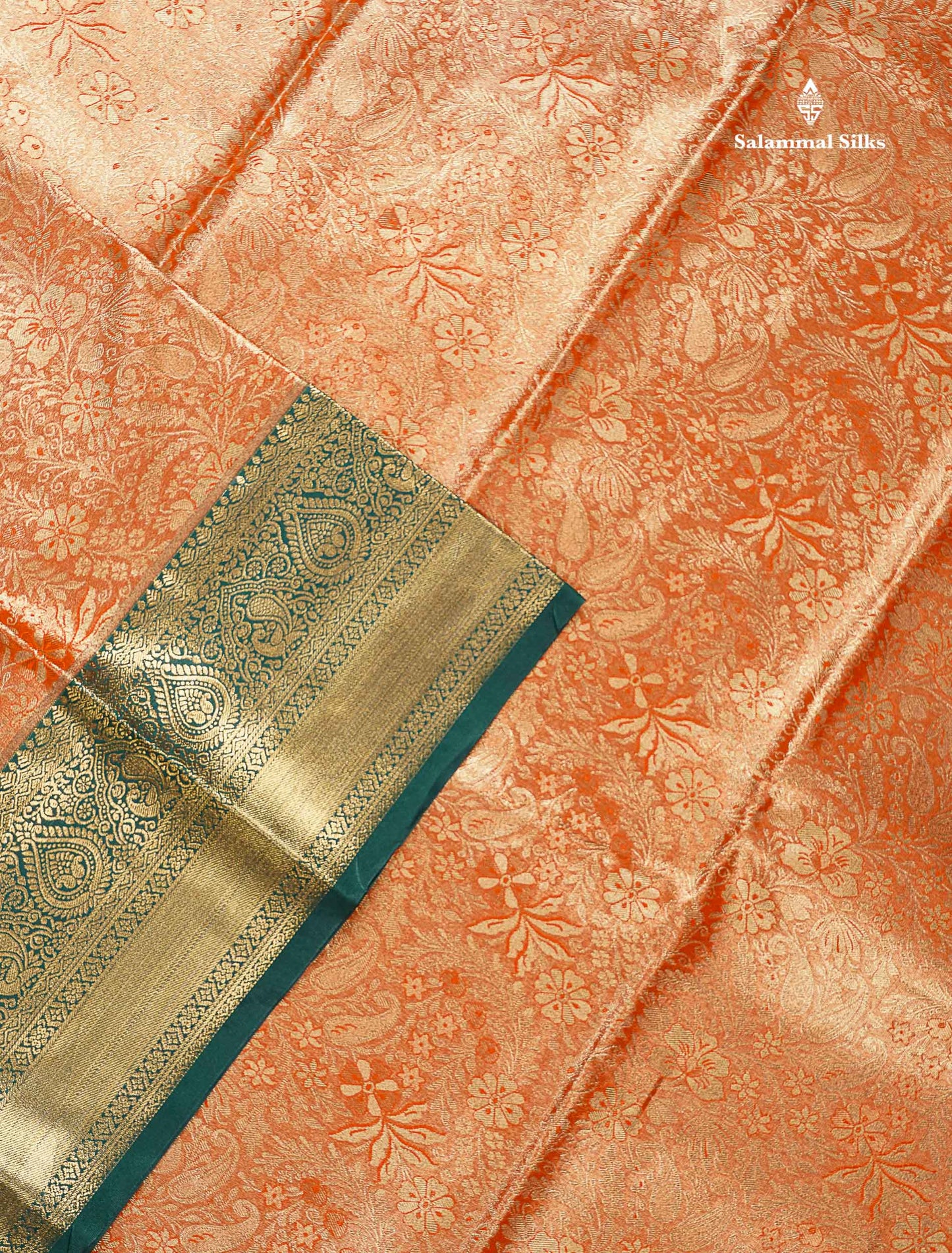 Beautiful Orange Tissue Bridal Semi Silk Saree With Contrast Bottle Green Traditional Border