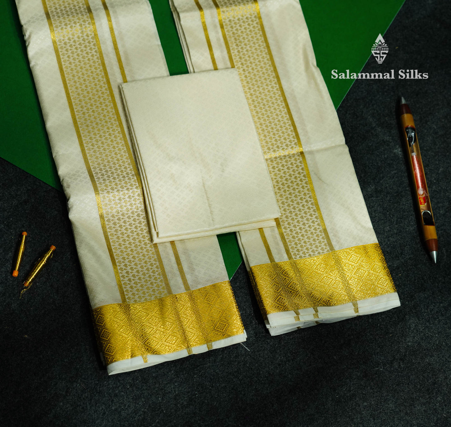 White Asha Mix Embos Design (8x4) Dhoti, Angavastram & Shirt (2.50M) with Gold Zari Border