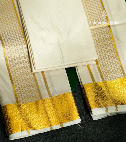 White Asha Mix Embos Design (8x4) Dhoti, Angavastram & Shirt (2.50M) with Gold Zari Border