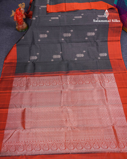Beautiful Black Fancy Pure Kanjivaram Silk Saree With Contrast Rust Orange Plain Border