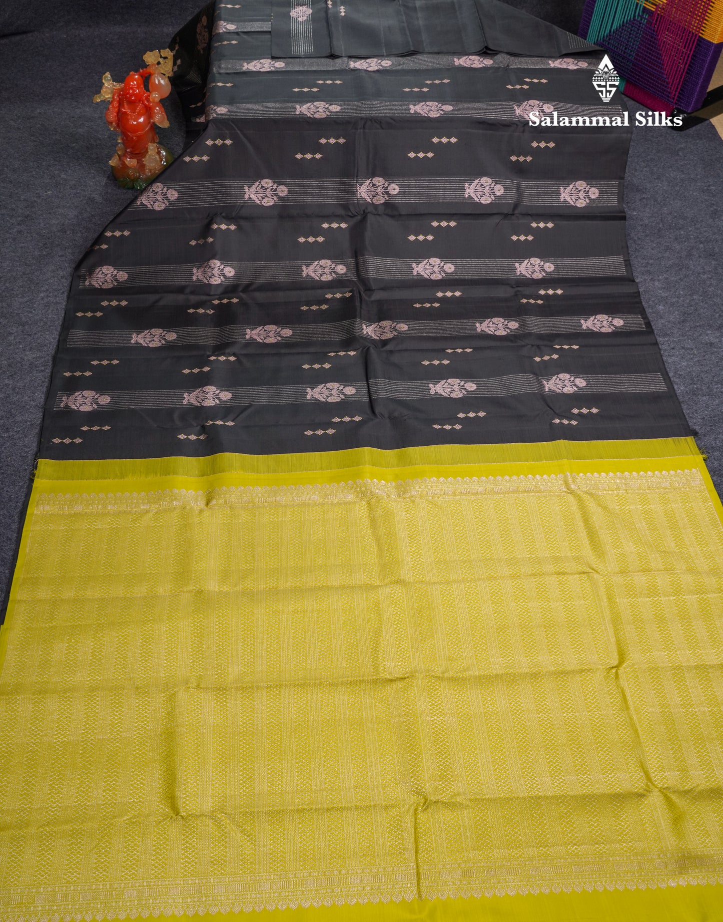 Black Fancy Pure Kanjivaram Silk Saree With Contrast Manthulir Yellow Blouse