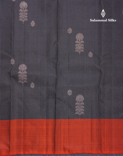 Beautiful Black Fancy Pure Kanjivaram Silk Saree With Contrast Rust Orange Plain Border