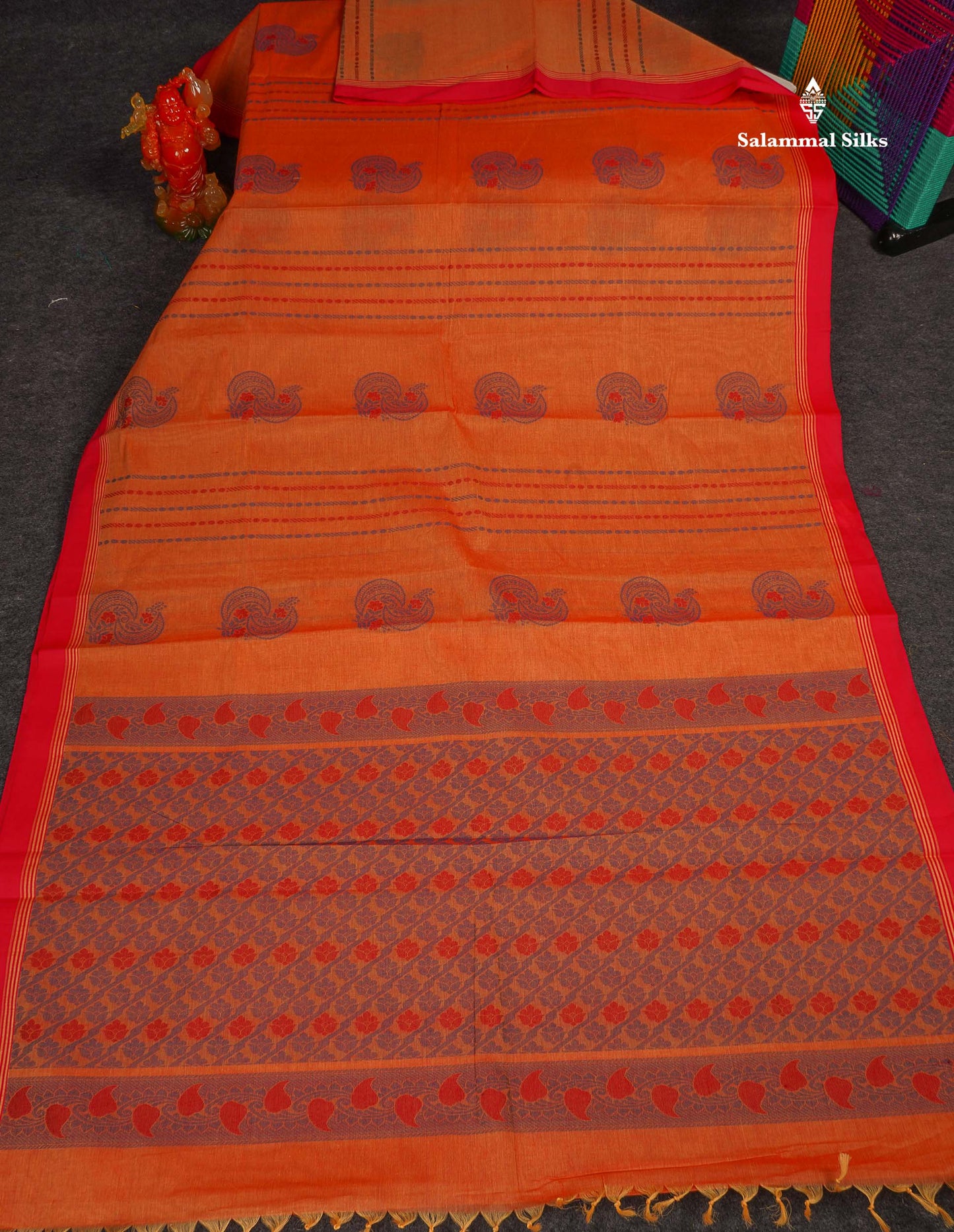 Pure Cotton Saree - Redish Orange Colour Body Thread Work Butta With Contrast pink Fancy border