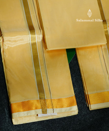 Sandal Semi Silk Dhoti, Angavastram & Shirt (2.50M) with Gold Zari Border