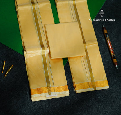 Sandal Pure Mix (8x4) Dhoti, Angavastram & Shirt (2.50M) with Gold Zari Border