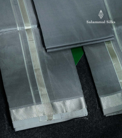 Grey Pure Mix (8x4) Dhoti, Angavastram & Shirt (2.50M) with Silver Zari Border