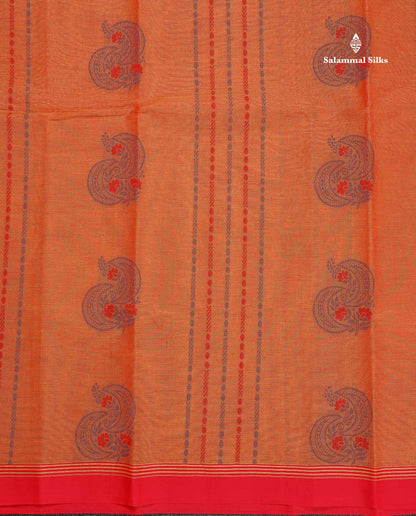 Pure Cotton Saree - Redish Orange Colour Body Thread Work Butta With Contrast pink Fancy border