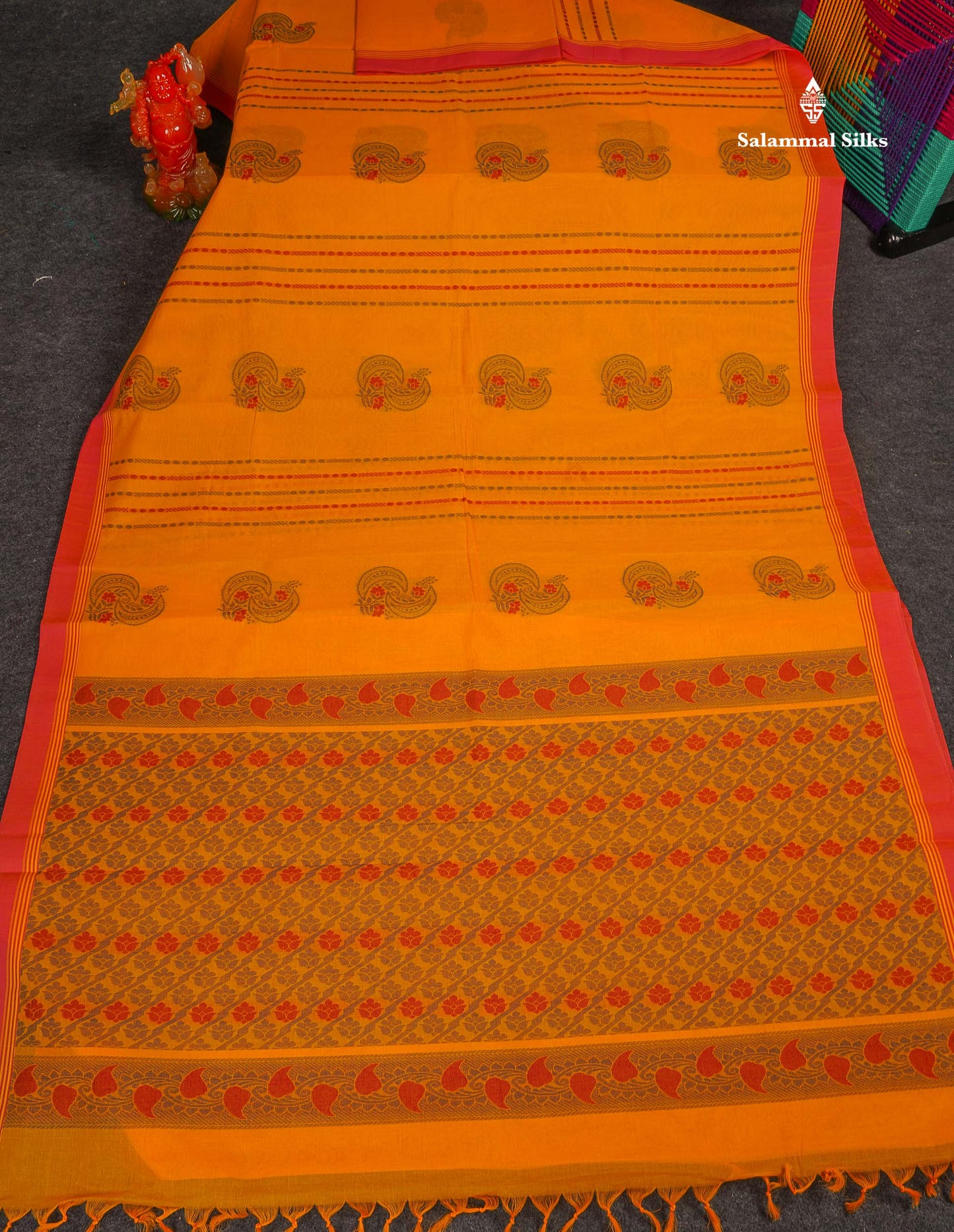 Pure Cotton Saree - Yellow Colour Body Thread Work Butta With Contrast Coral pink Fancy border