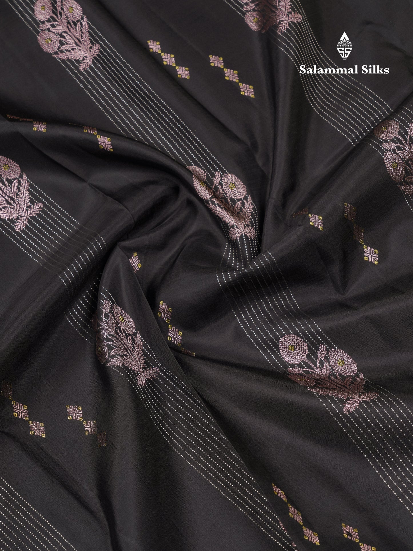 Black Fancy Pure Kanjivaram Silk Saree With Contrast Manthulir Yellow Blouse