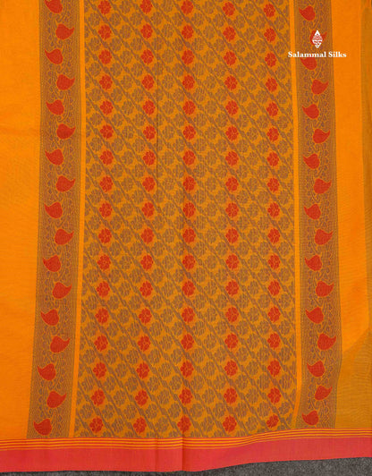 Pure Cotton Saree - Yellow Colour Body Thread Work Butta With Contrast Coral pink Fancy border