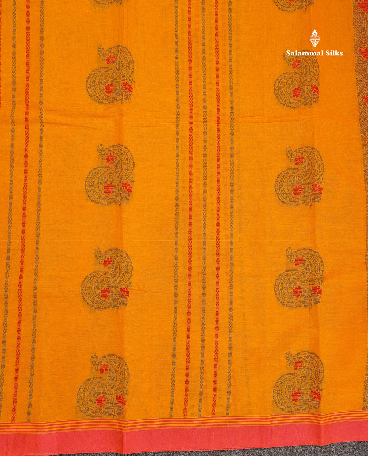 Pure Cotton Saree - Yellow Colour Body Thread Work Butta With Contrast Coral pink Fancy border