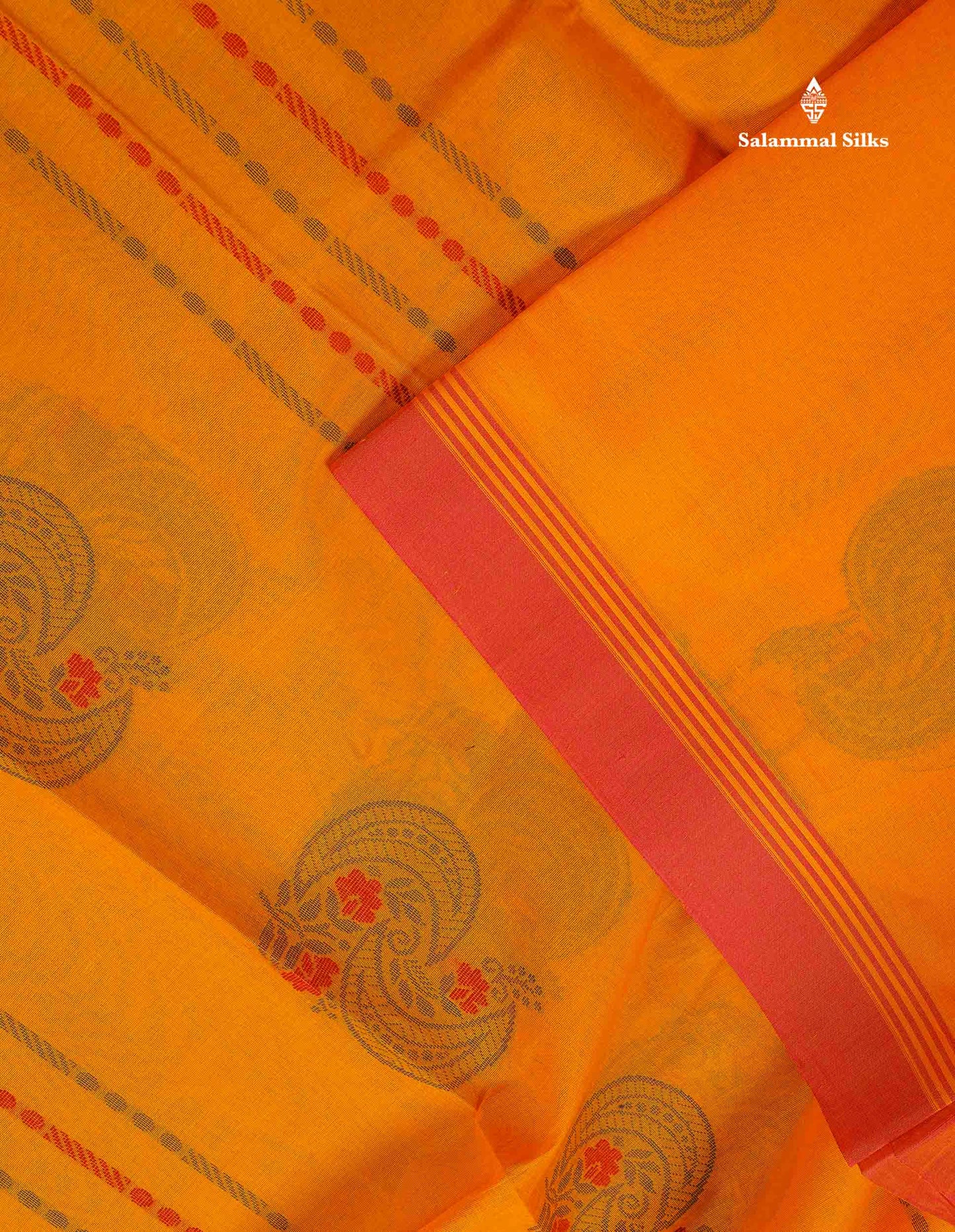 Pure Cotton Saree - Yellow Colour Body Thread Work Butta With Contrast Coral pink Fancy border