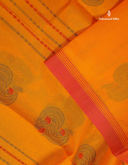 Pure Cotton Saree - Yellow Colour Body Thread Work Butta With Contrast Coral pink Fancy border