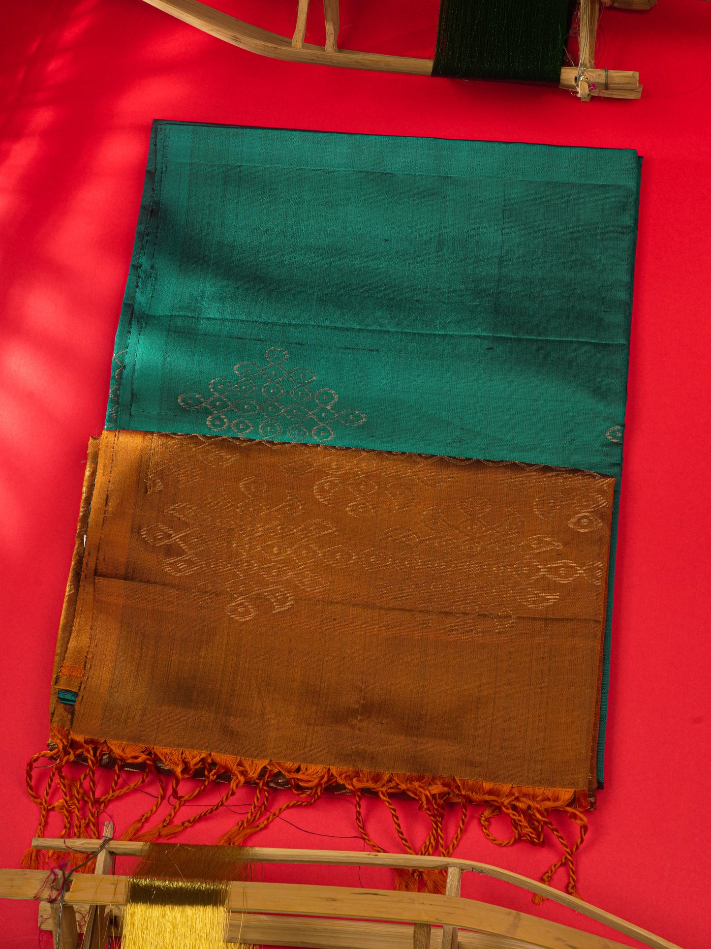 Bottle Green Kolam Design Kanjivaram Pure Soft Silk Saree With Contrast Mustard Yellow Blouse