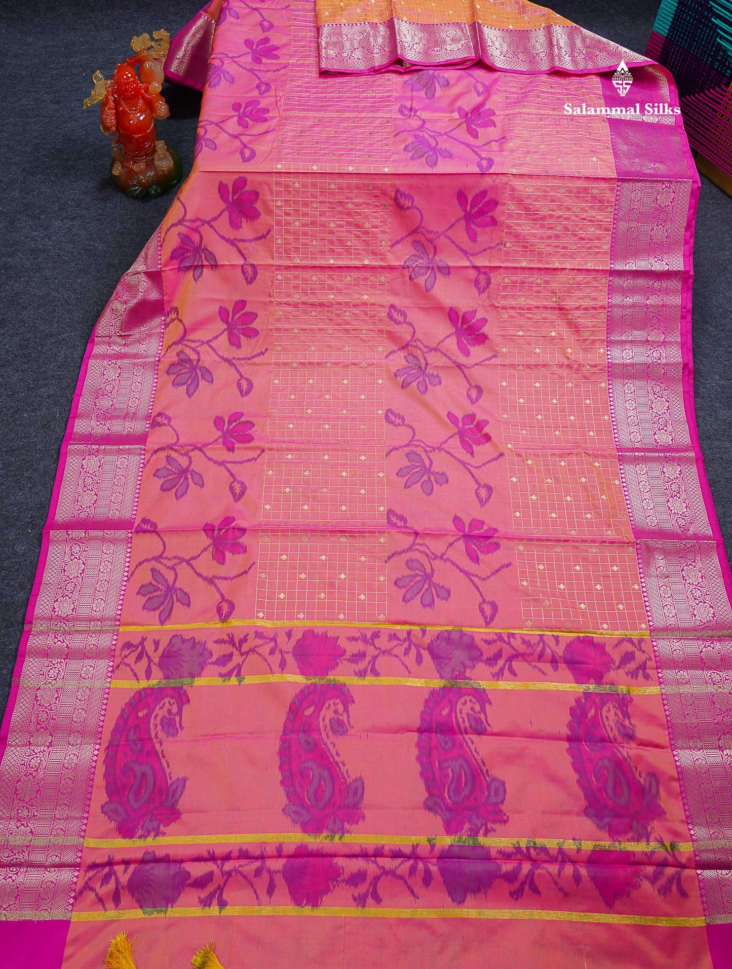 Beautiful Dual Tone Pink Pochampalli Design Semi Silk Saree With Contrast Magenta Pink Traditional Border