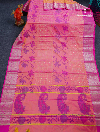 Beautiful Dual Tone Pink Pochampalli Design Semi Silk Saree With Contrast Magenta Pink Traditional Border