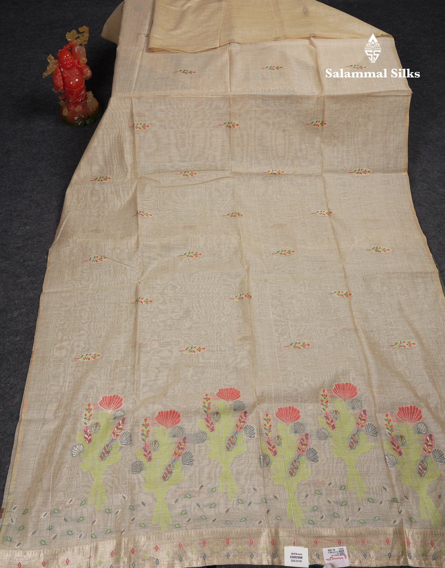 Beautiful Cream Sandal Thread Work Butta Muga Cotton Saree With Contrast Peacock Blue Blouse