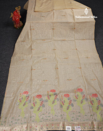 Beautiful Cream Sandal Thread Work Butta Muga Cotton Saree With Contrast Peacock Blue Blouse