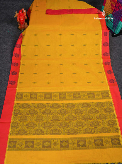 Pure Cotton Saree - Yellow Colour Body Thread Butta With Dual Tone Pink Border