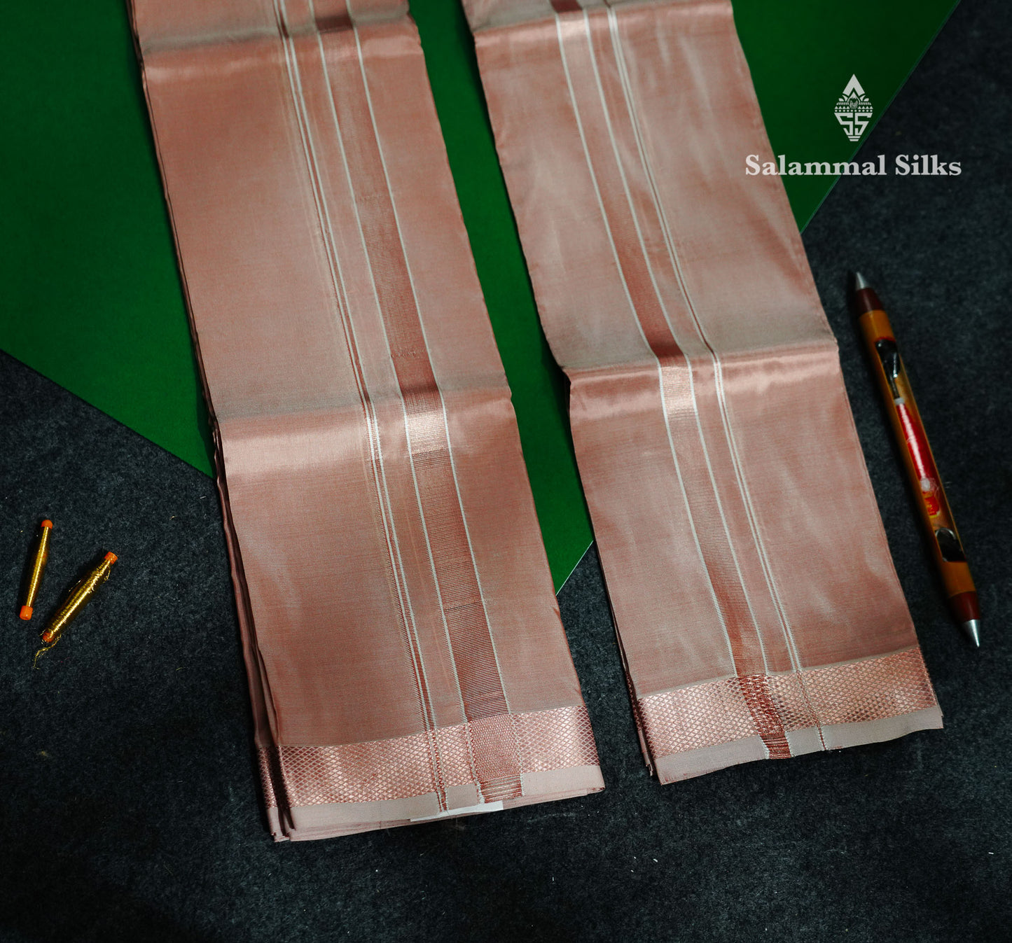 Light Copper Pure Mix Silk Dhoti,(8x4) Angavastram 4 Muzham Copper Zari Border