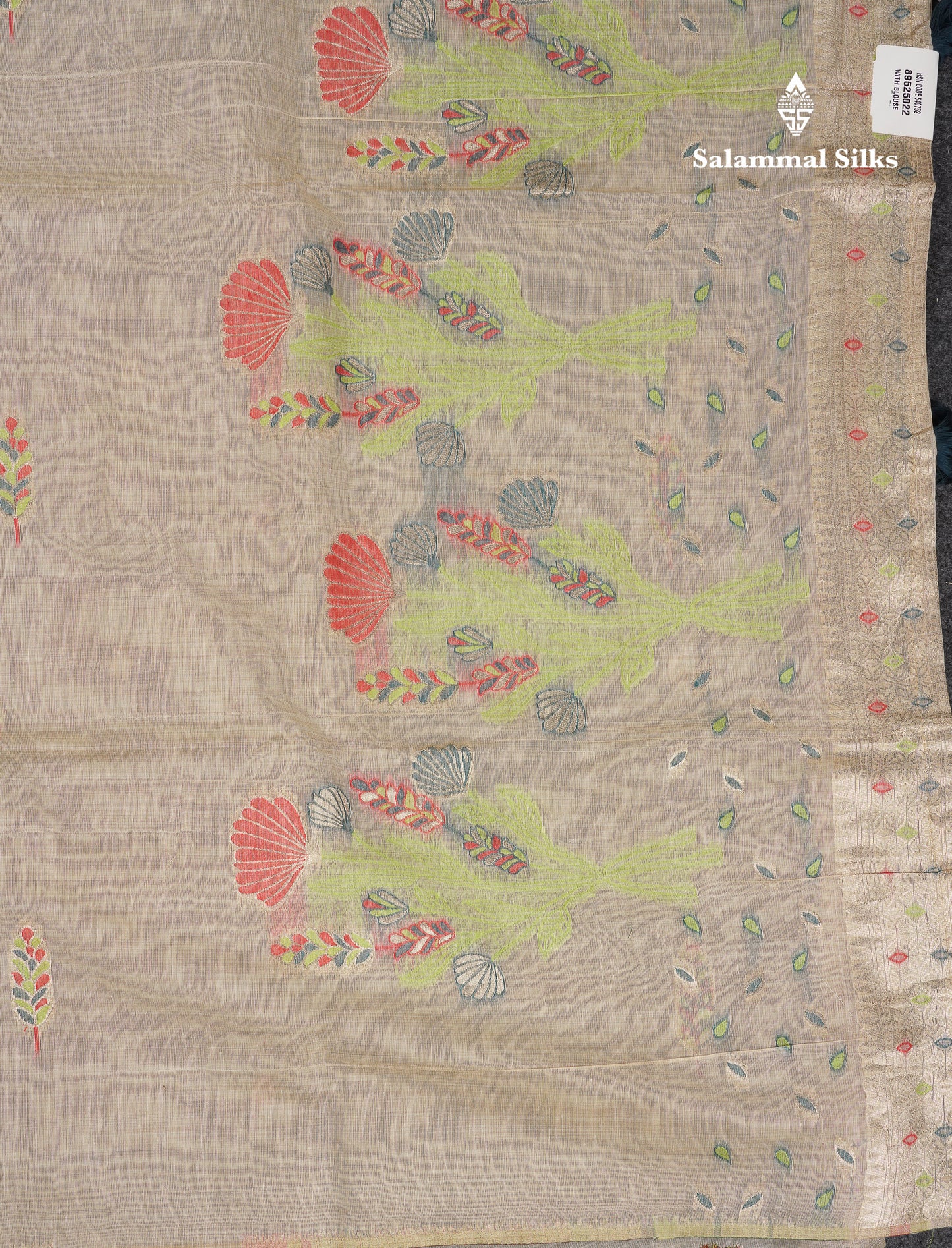 Beautiful Cream Sandal Thread Work Butta Muga Cotton Saree With Contrast Peacock Blue Blouse