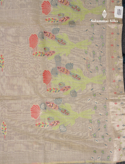 Beautiful Cream Sandal Thread Work Butta Muga Cotton Saree With Contrast Peacock Blue Blouse