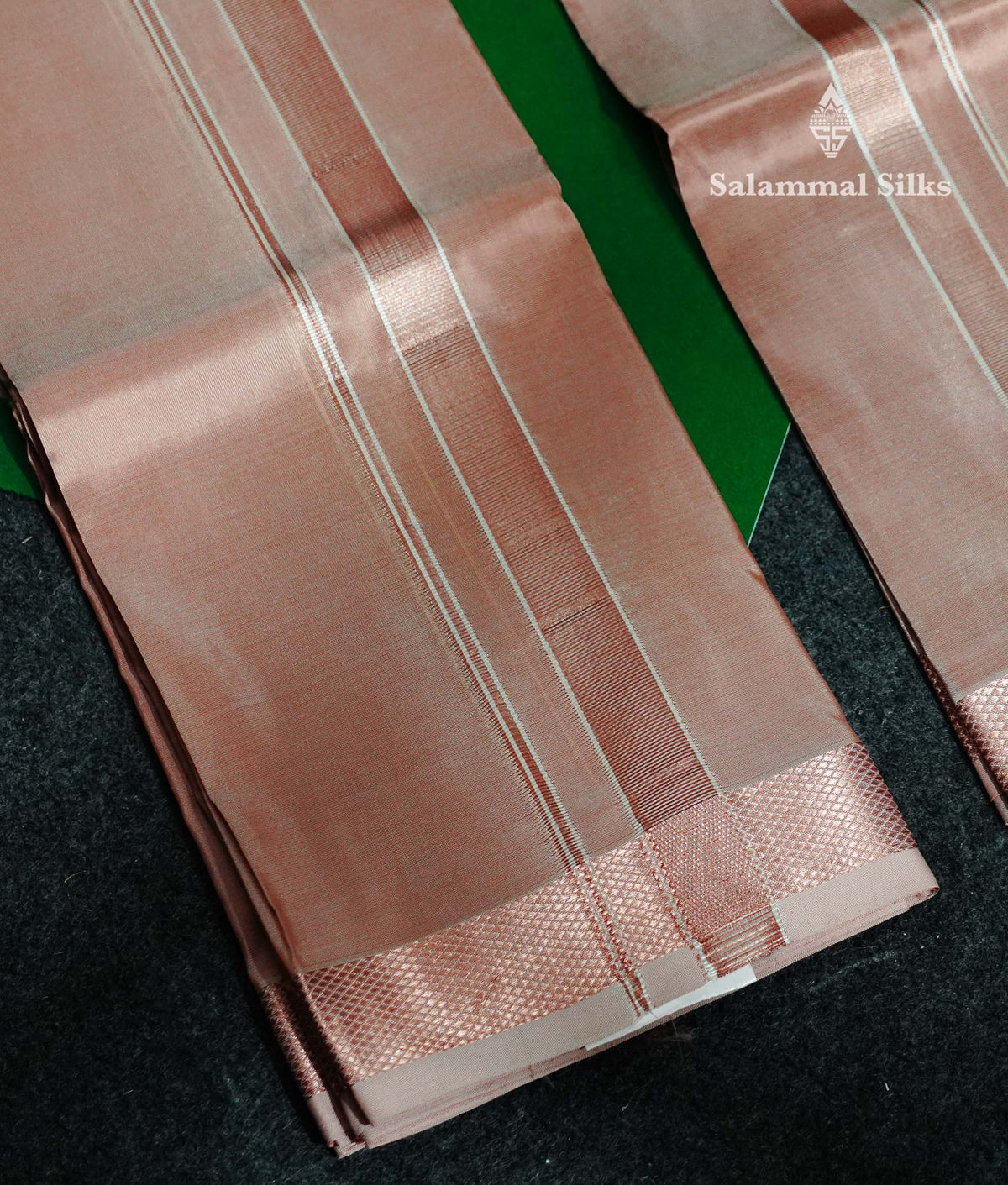Light Copper Pure Mix Silk Dhoti,(8x4) Angavastram 4 Muzham Copper Zari Border