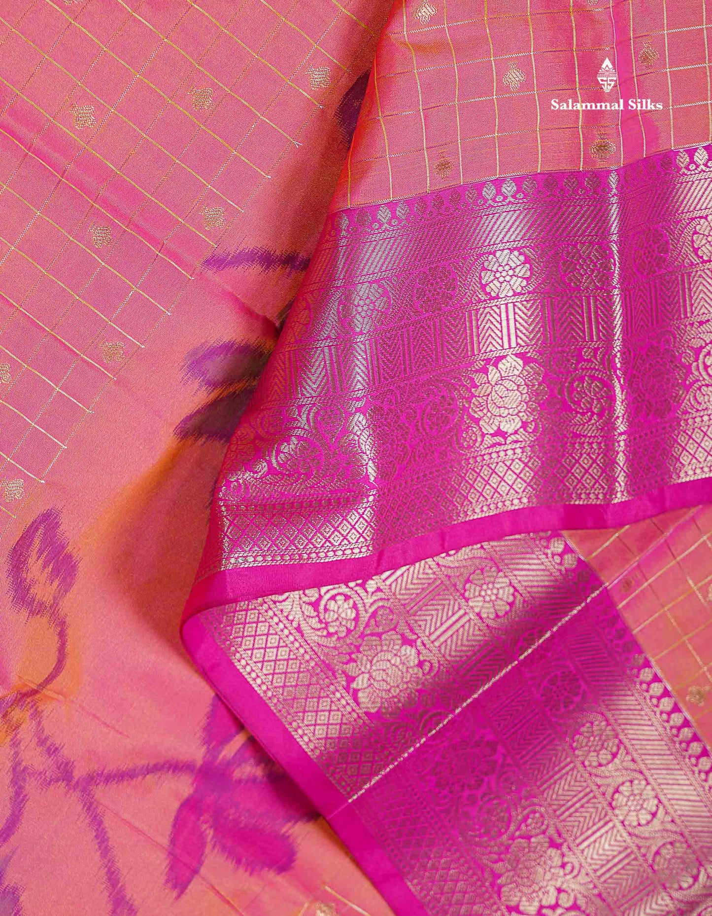 Beautiful Dual Tone Pink Pochampalli Design Semi Silk Saree With Contrast Magenta Pink Traditional Border