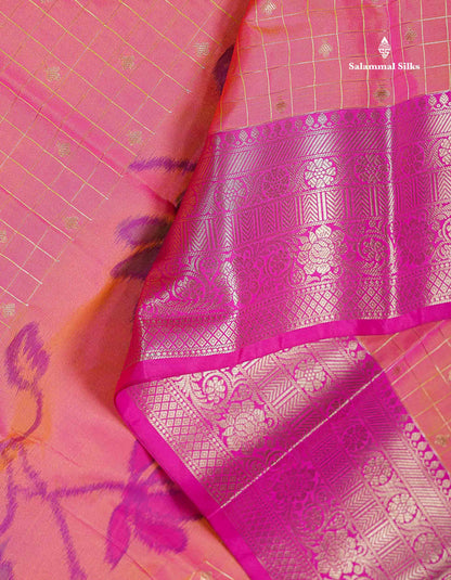 Beautiful Dual Tone Pink Pochampalli Design Semi Silk Saree With Contrast Magenta Pink Traditional Border
