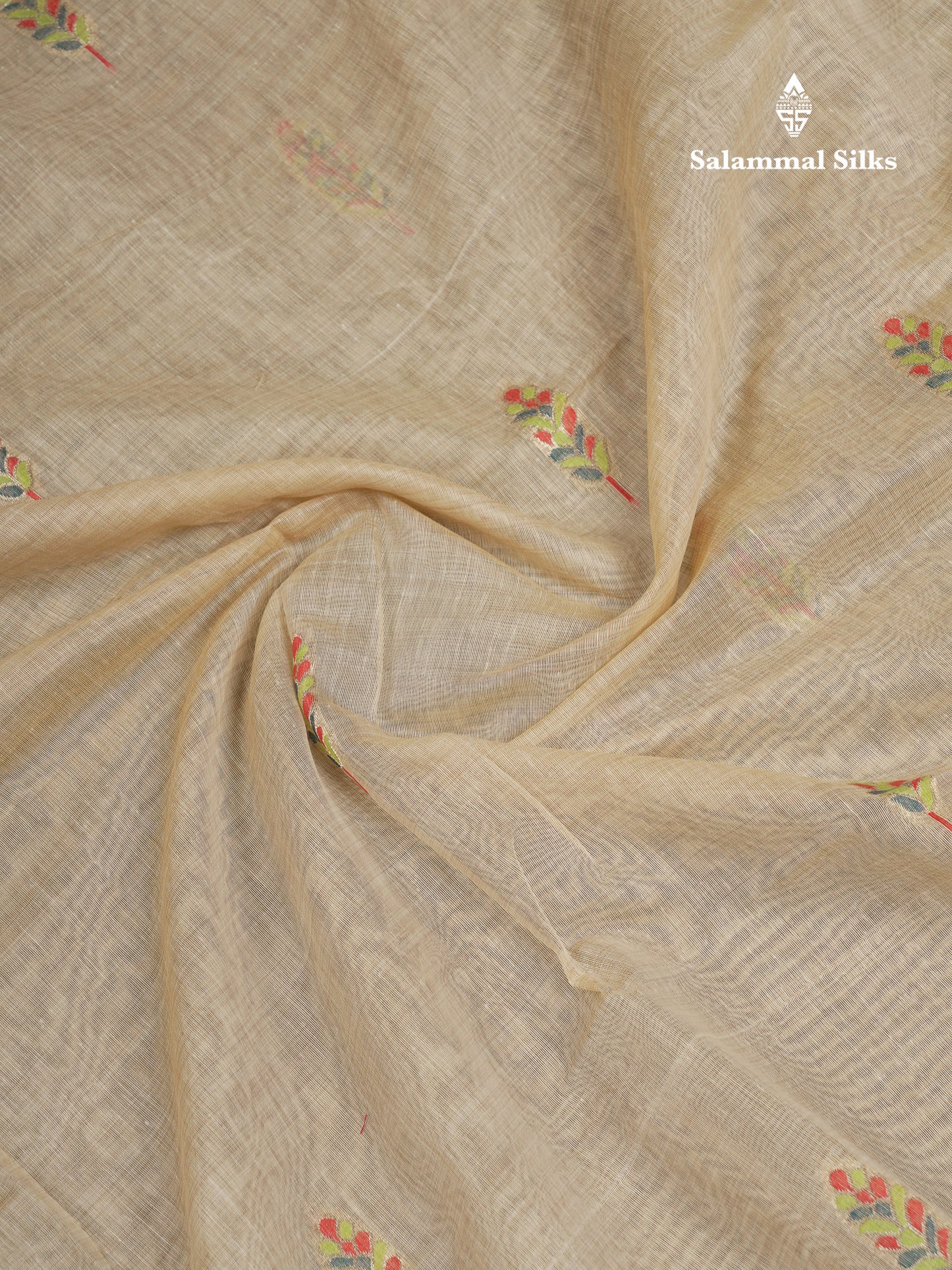 Beautiful Cream Sandal Thread Work Butta Muga Cotton Saree With Contrast Peacock Blue Blouse