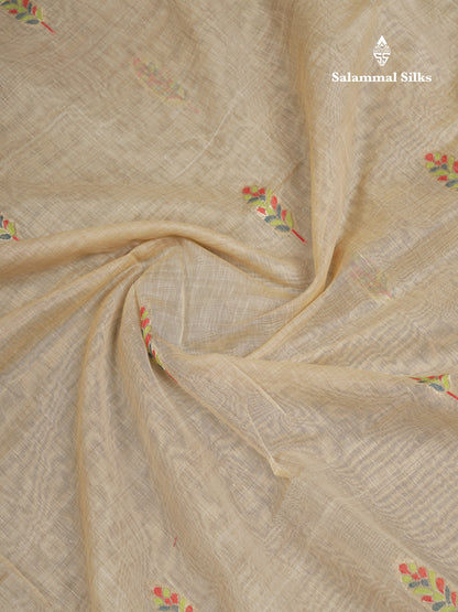 Beautiful Cream Sandal Thread Work Butta Muga Cotton Saree With Contrast Peacock Blue Blouse