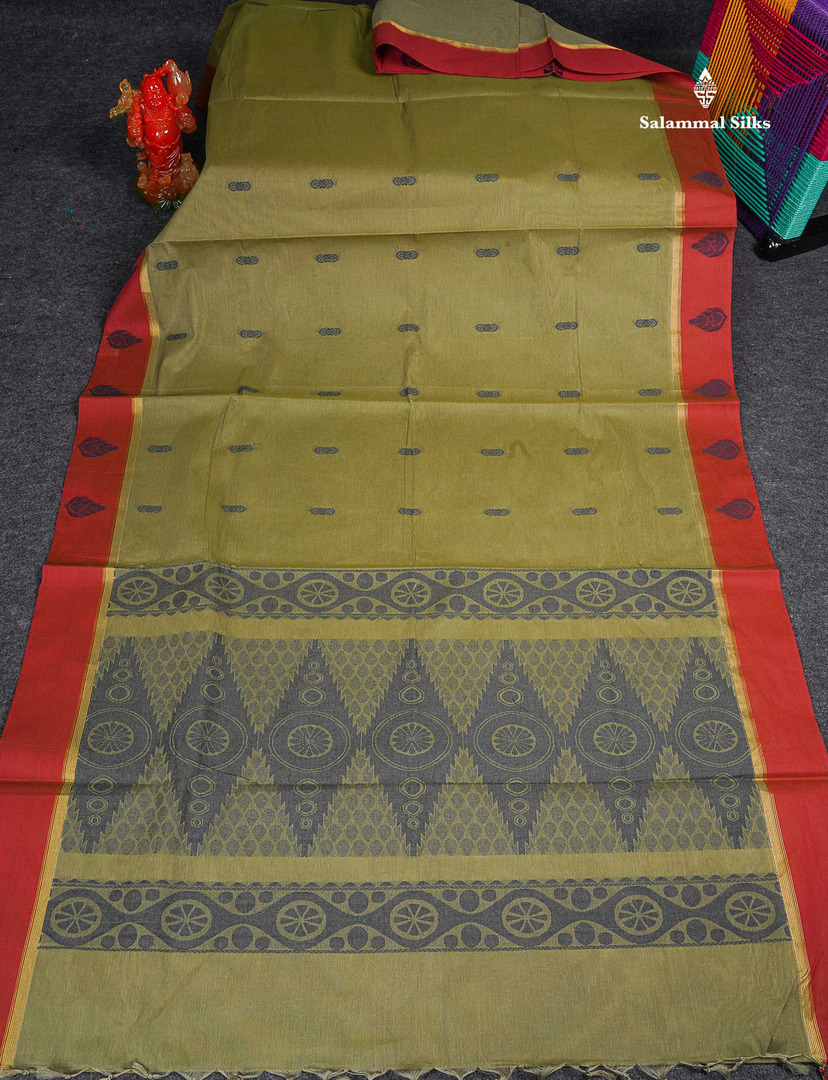 Pure Cotton Saree - Olive Green Colour Body Thread Work Butta With Maroon Border
