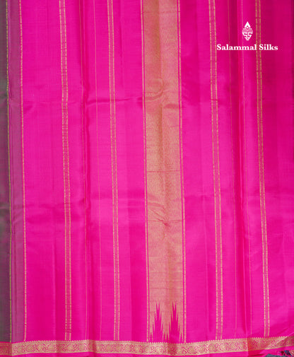 Beautiful Dual Tone Bottle Green Pure Kanjivaram Silk Saree With Contrast Magenta Pink Small Border