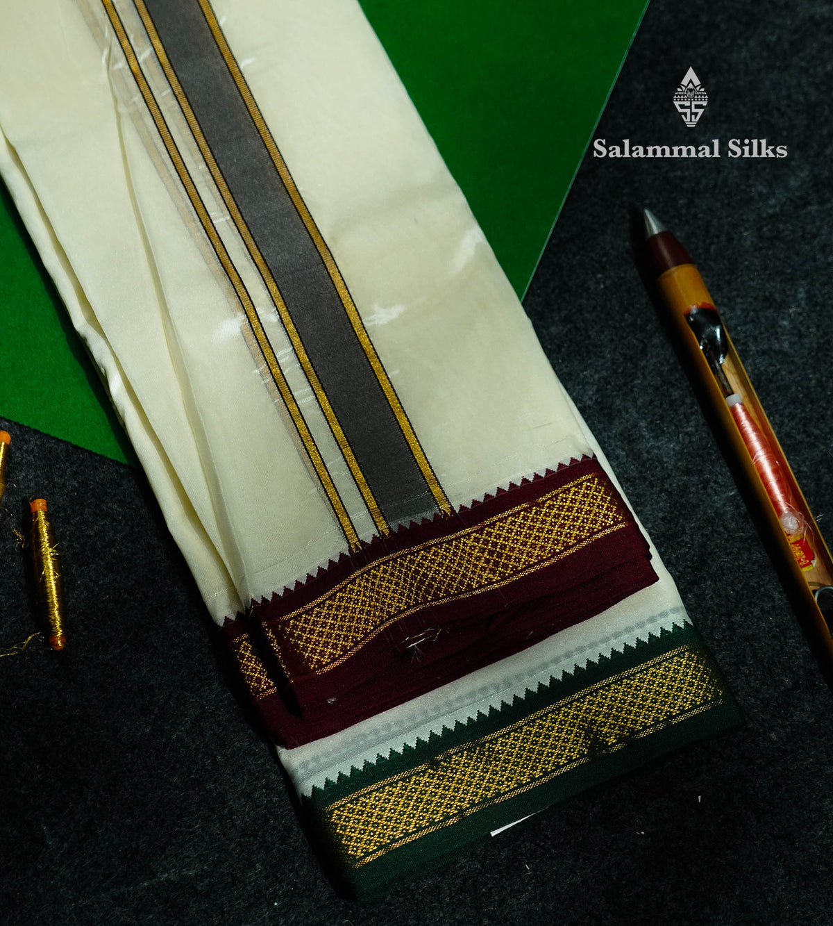 Beautiful Cream White Asha Mix (9x5)Dhoti With Traditional Ganga Jamuna Border
