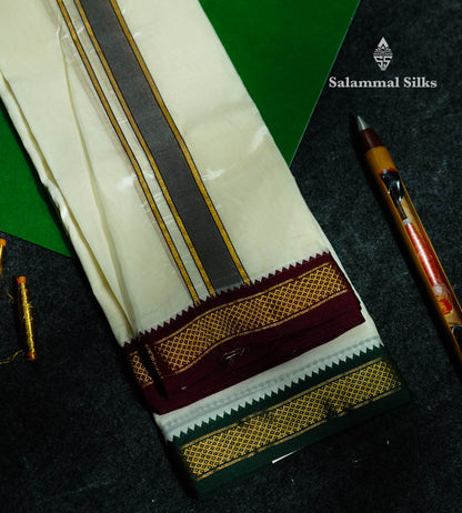 Beautiful Cream White Asha Mix (9x5)Dhoti With Traditional Ganga Jamuna Border