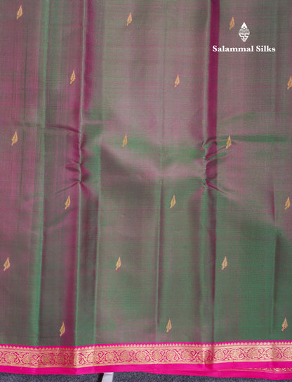 Beautiful Dual Tone Bottle Green Pure Kanjivaram Silk Saree With Contrast Magenta Pink Small Border