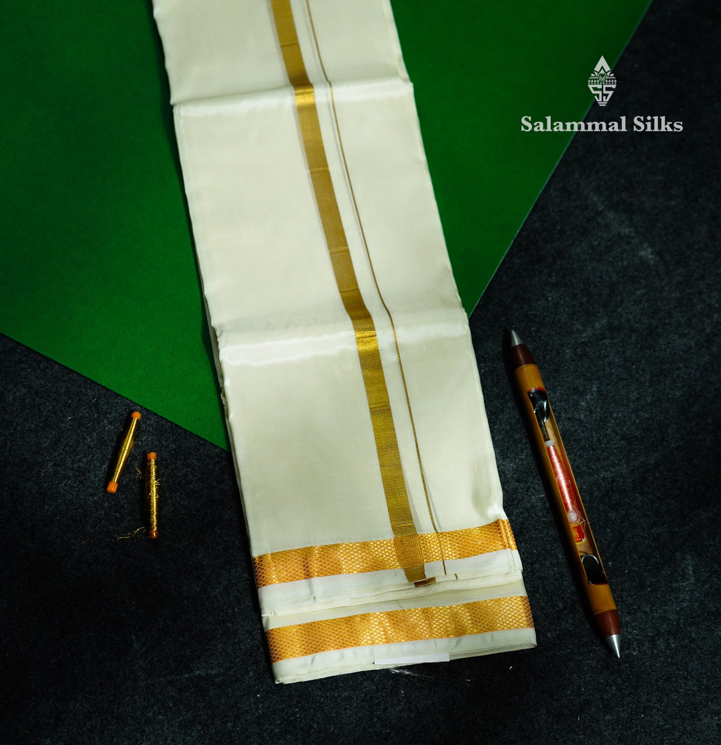 Beautiful Cream White Asha Mix (9x5) Dhoti With Gold Zari Border