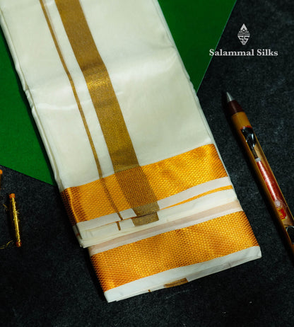 Beautiful Cream White Asha Mix 8 Muzham Dhoti With Gold Zari Border