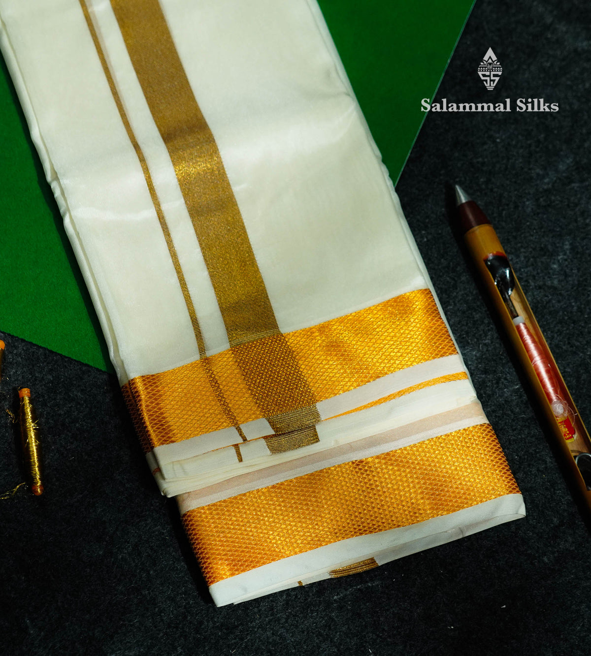 Cream White Pure Silk Dhoti (8x4) Yards with Gold Zari Border