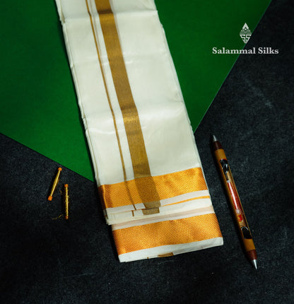 Cream White Pure Silk Dhoti (8x4) Yards with Gold Zari Border