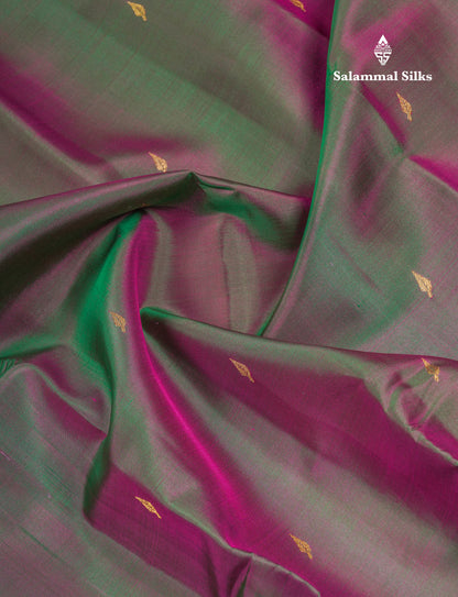 Beautiful Dual Tone Bottle Green Pure Kanjivaram Silk Saree With Contrast Magenta Pink Small Border