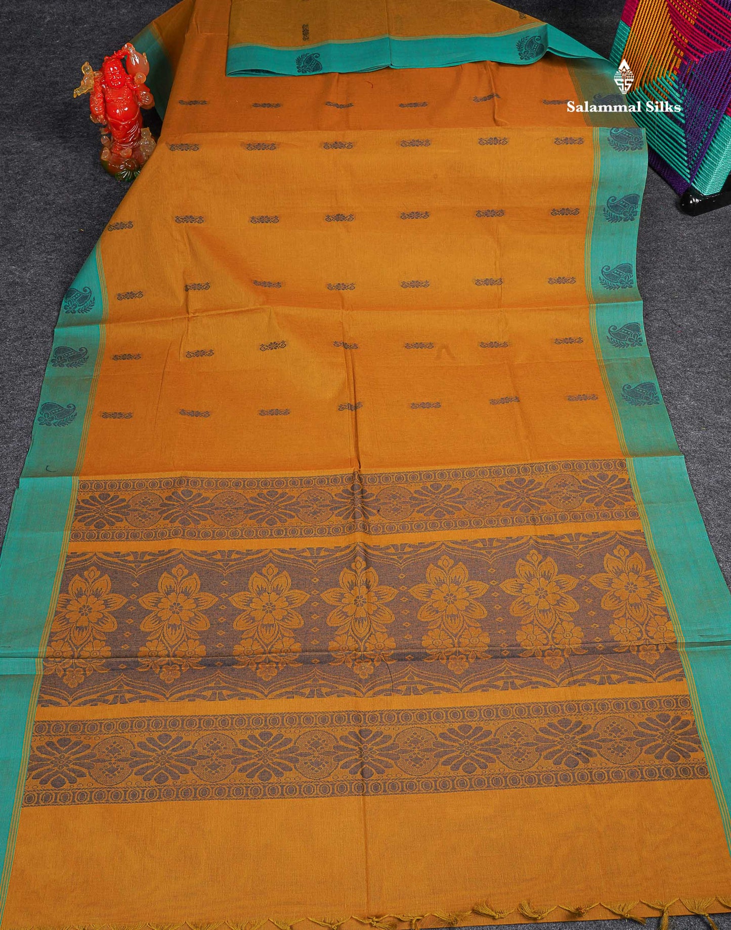 Pure Cotton Saree - Mehandi Green Colour Body Thread Butta With Sea Green Border 