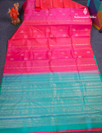 Beautiful Pink Fancy Pure Kanjivaram Silk Saree With Contrast Sapphire Green Blouse