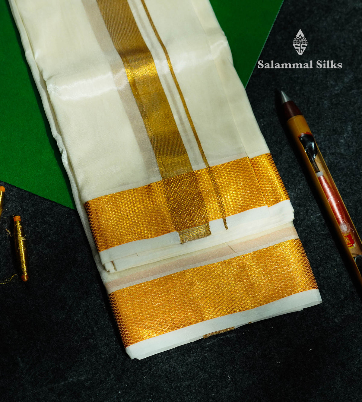 Beautiful Cream White Asha Mix (8x4)Dhoti With Gold Zari Border
