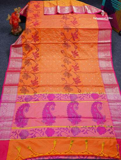 Beautiful Dual Tone Pink Pochampalli Design Semi Silk Saree With Contrast Magenta Pink Traditional Border
