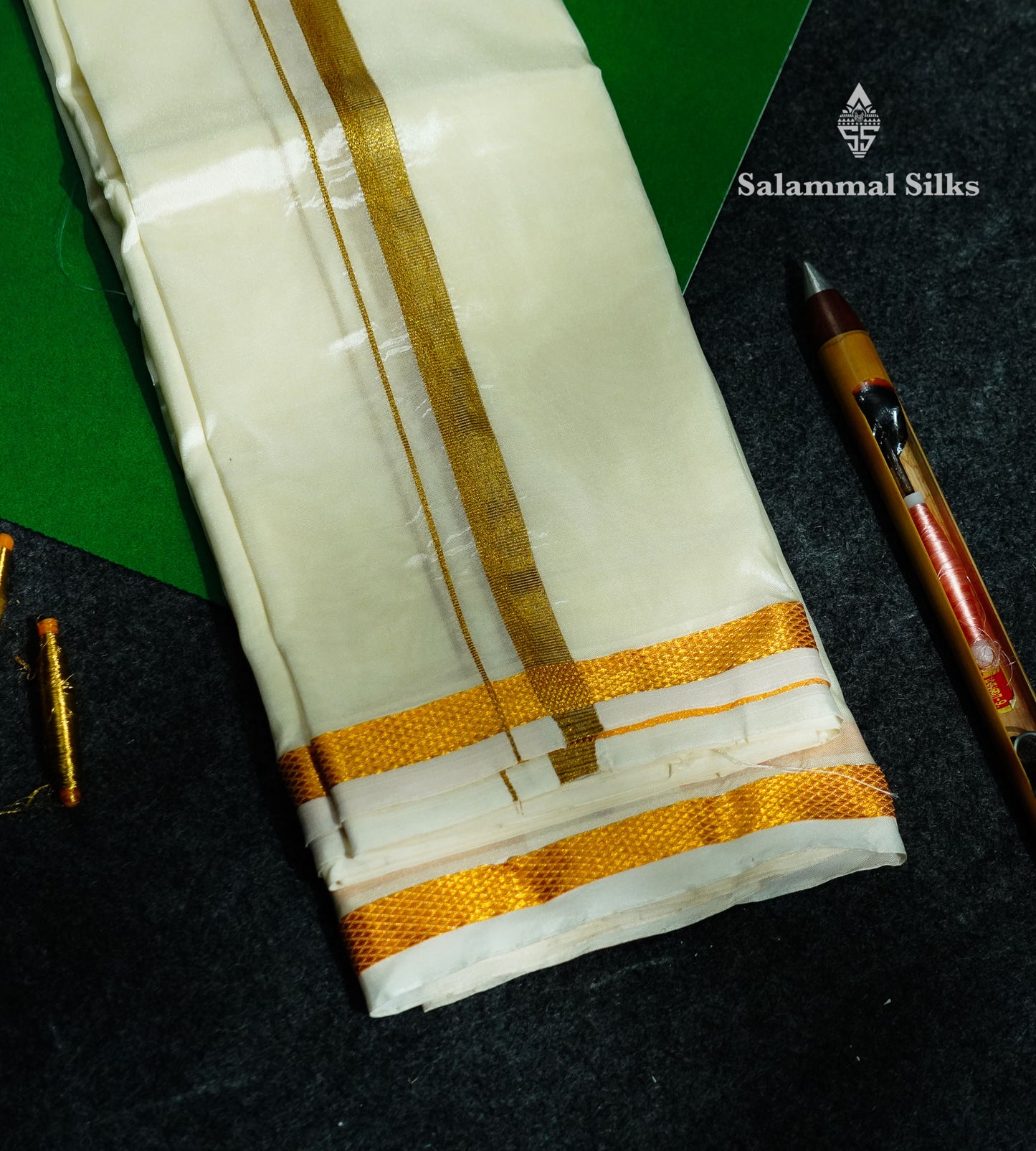 Beautiful Cream White Pure Silk Angavastram (2.00,M) With Gold Zari Border
