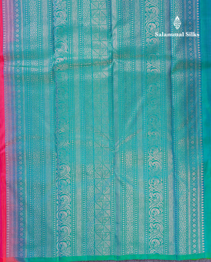 Beautiful Pink Fancy Pure Kanjivaram Silk Saree With Contrast Sapphire Green Blouse