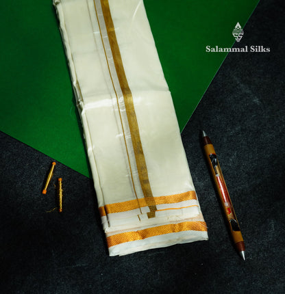Beautiful Cream White Asha Mix 8 Muzham Dhoti With Gold Zari Border
