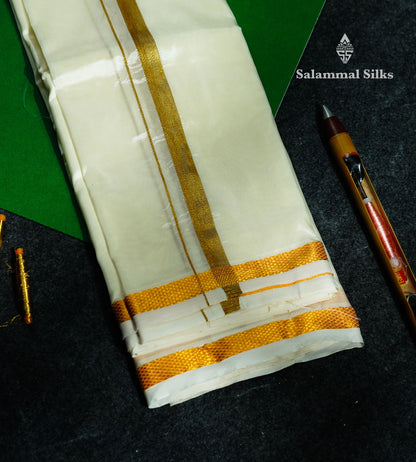 Beautiful Cream White Asha Mix (9x5) Dhoti With Gold Zari Border